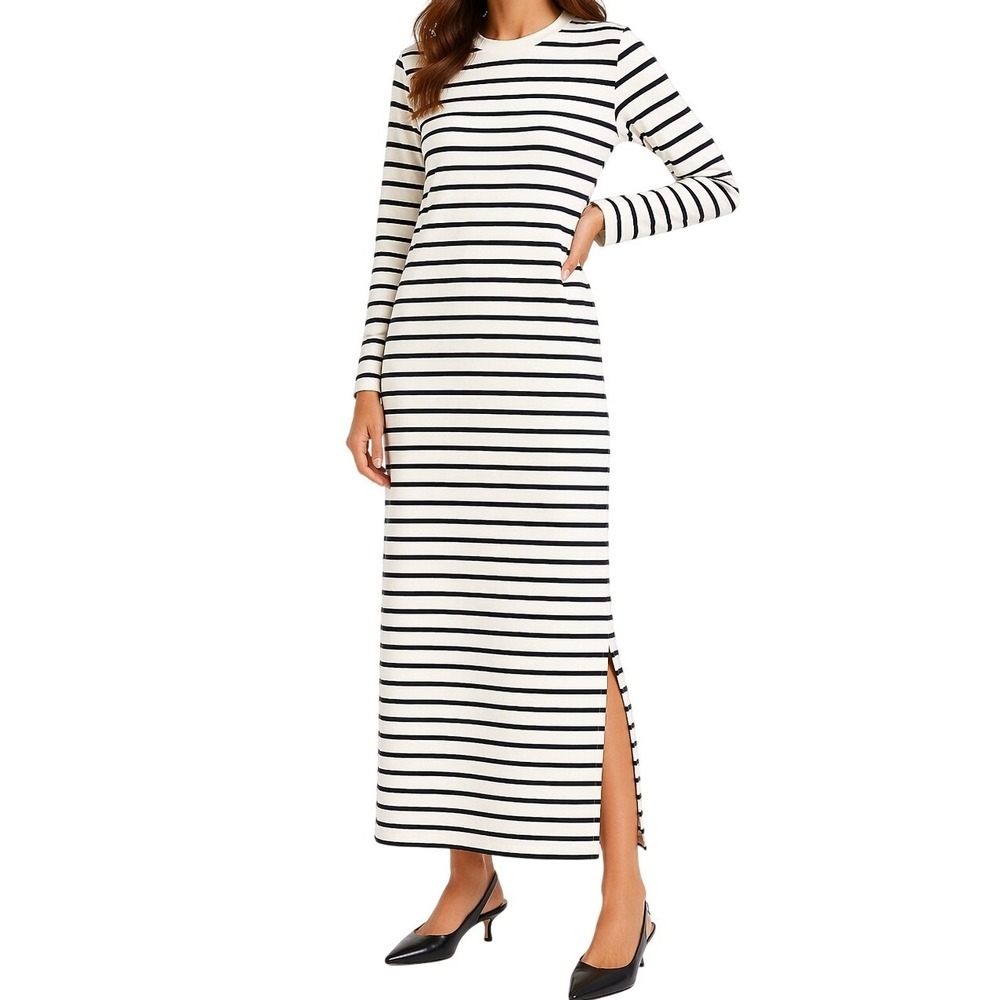 Pomander Place Navy White Stripe Knit Maxi Dress Long Sleeve Coastal XS